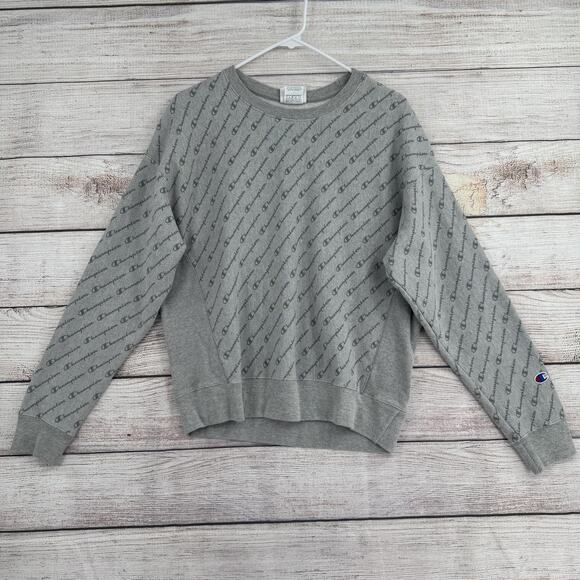 Champion Reverse Weave Sweatshirt Mens L Gray All Over Logo Pullover Crewneck - Picture 1 of 9